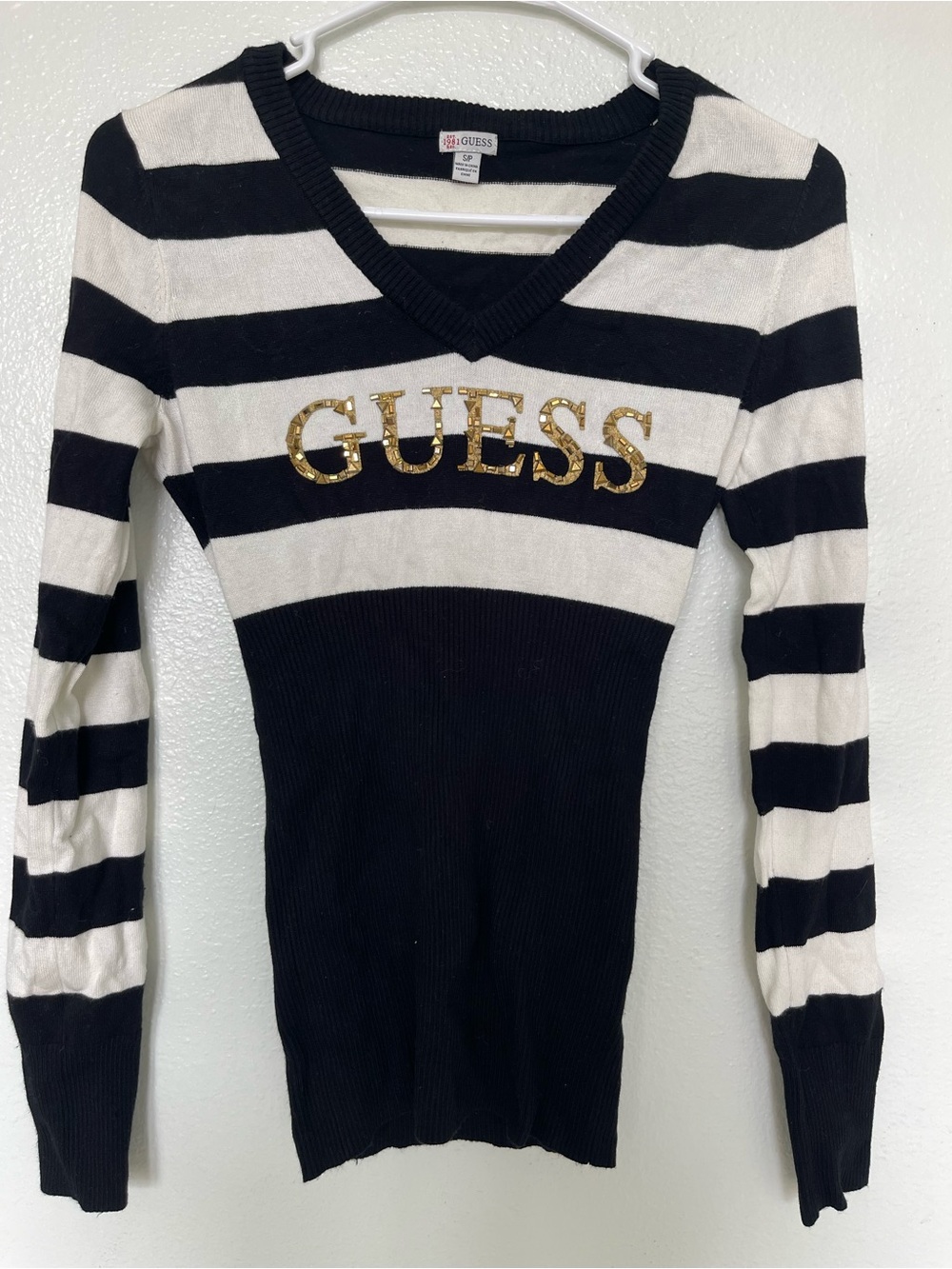 Guess Black & White Striped V-Neck Sweater with Gold Embellished Logo